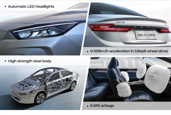 Automatic LED headlights High strength steel body E754 几何APro尊泉系列 0-100km/h acceleration in 3.8s(all-wheel-drive) 6 SRS aribags